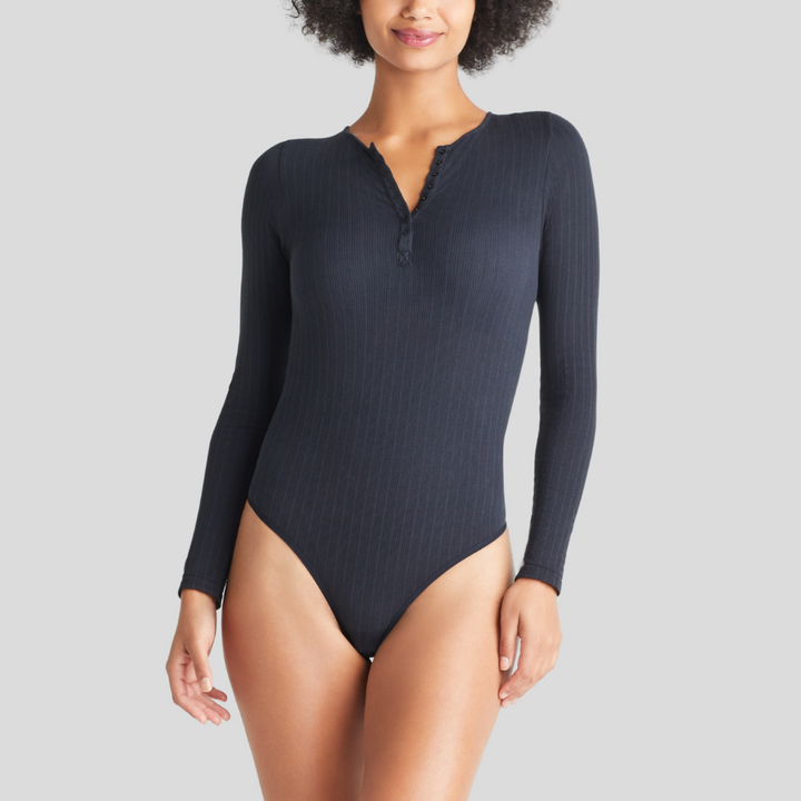 Katrina Henley Long Sleeve Thong Bodysuit - Black