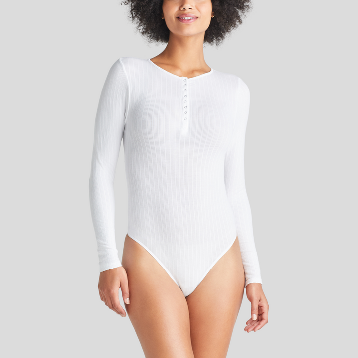 Katrina Henley Long Sleeve Thong Bodysuit - White